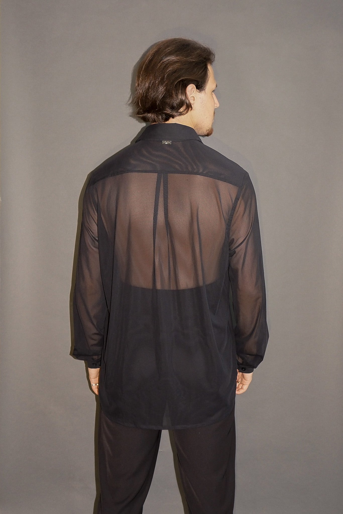 Net Pleated Collared Dress Shirt