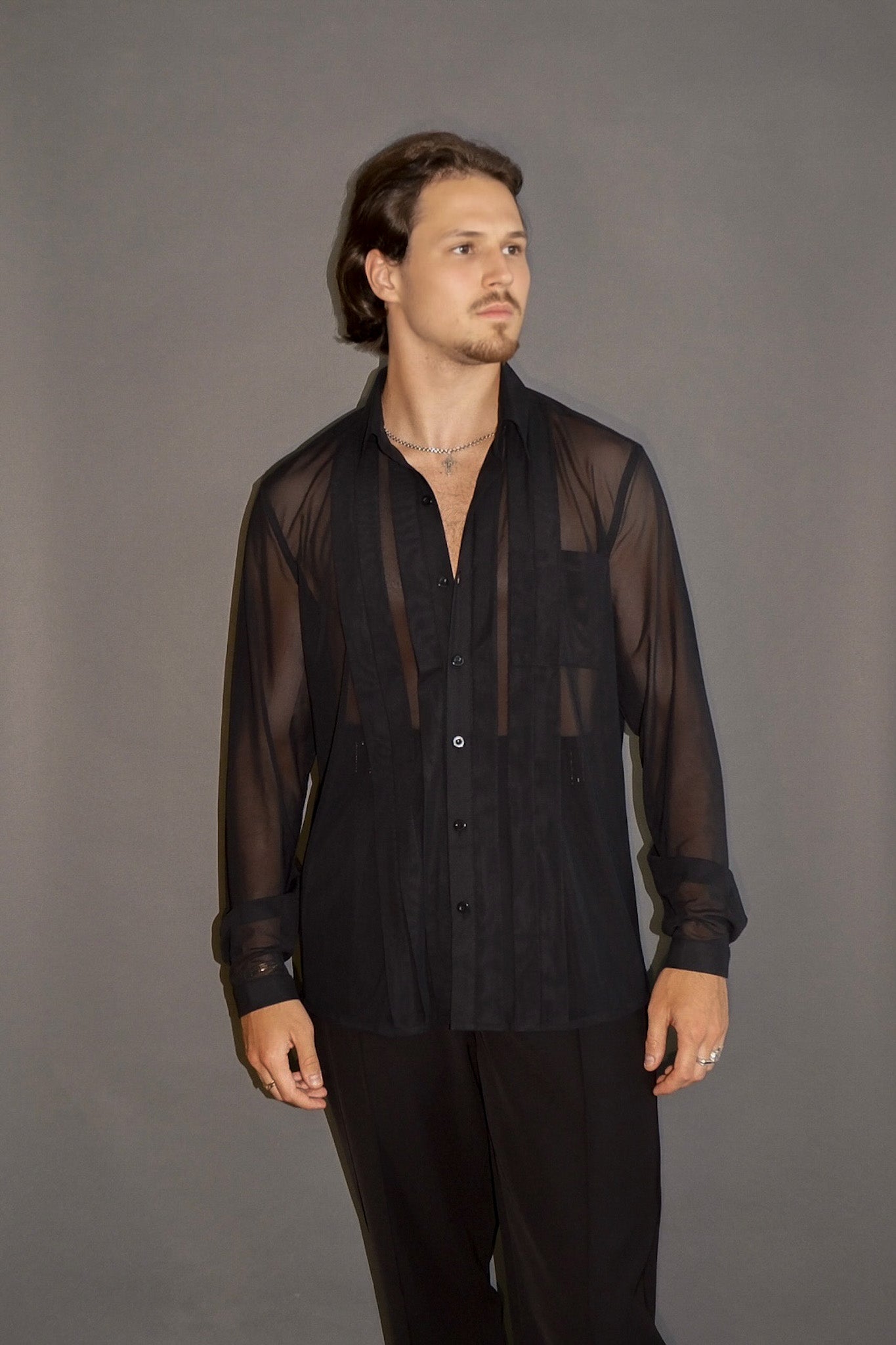 Net Pleated Collared Dress Shirt