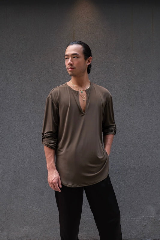 Olive Green Loose Fit V Shirt