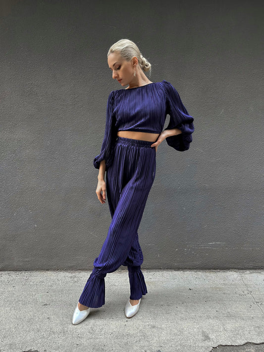 Navy Blue Satin Pleated Pants