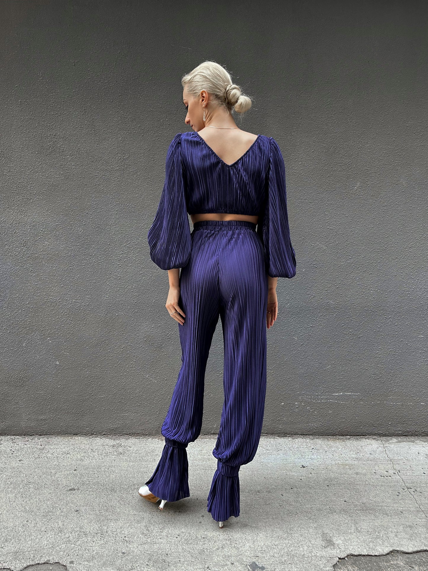 Navy Blue Satin Pleated Pants