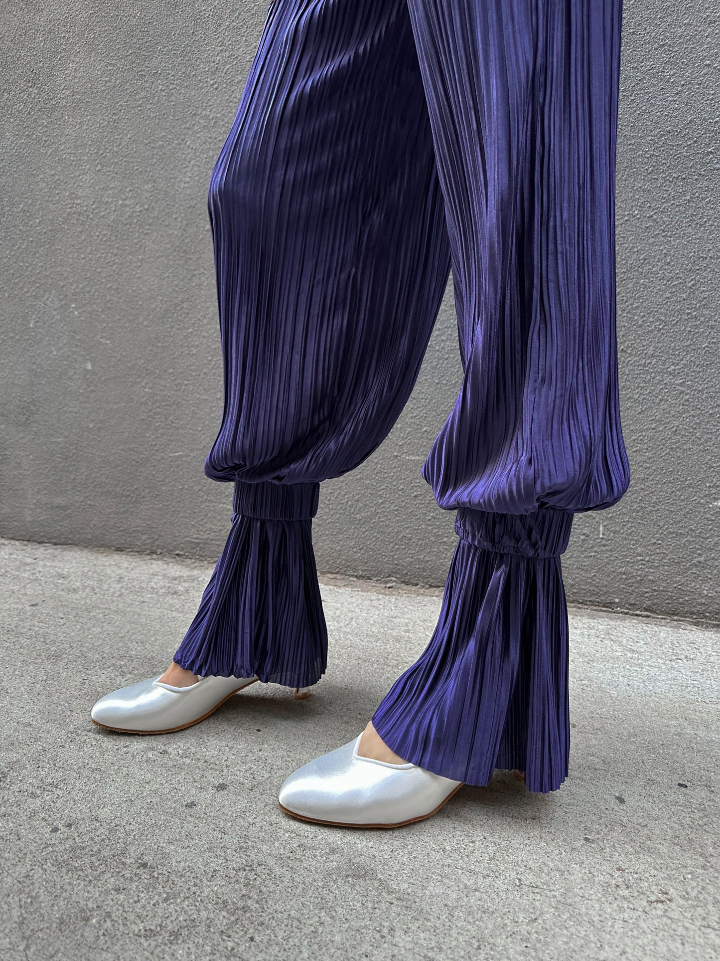 Navy Blue Satin Pleated Pants