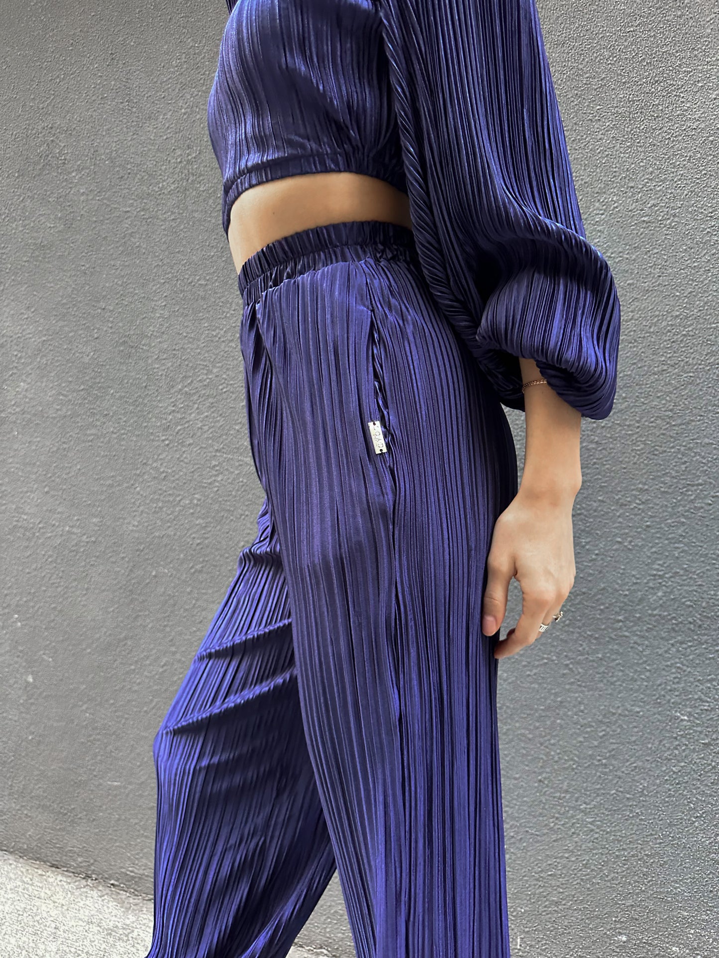 Navy Blue Satin Pleated Pants