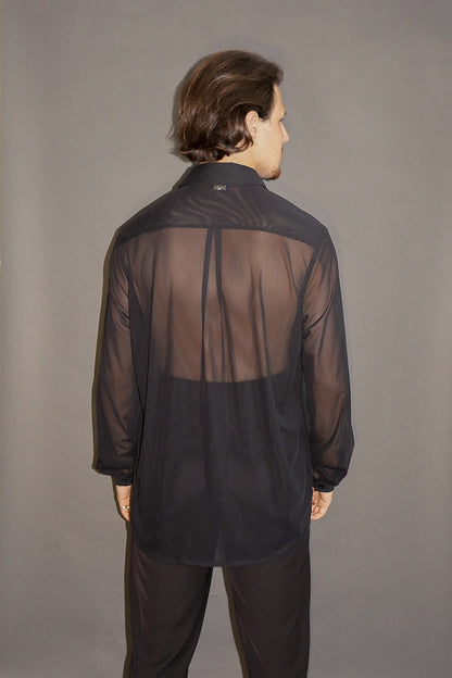 Net Pleated Collared Dress Shirt