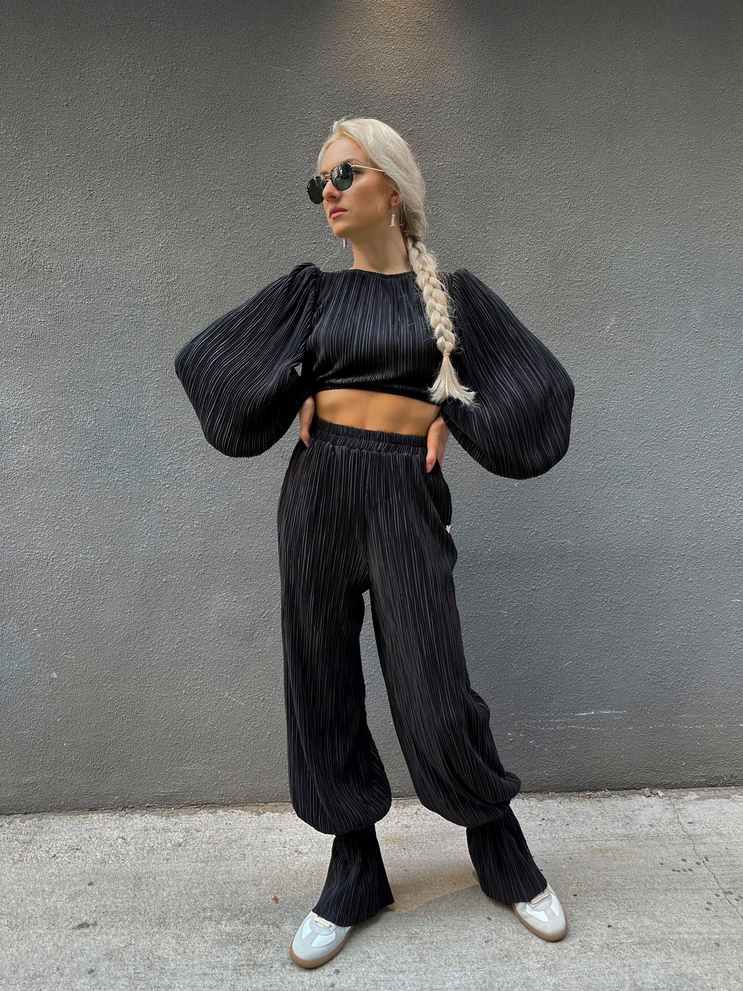 Black Satin Pleated Pants