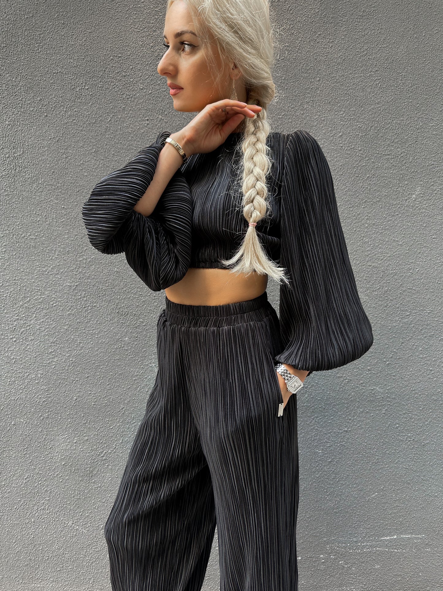 Black Satin Pleated Pants