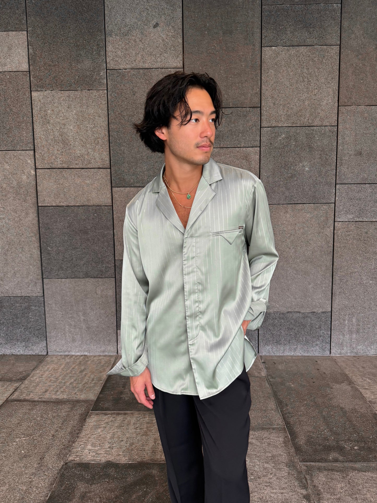 Pistachio Pinstripe Satin Shirt