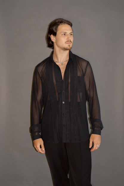 Net Pleated Collared Dress Shirt