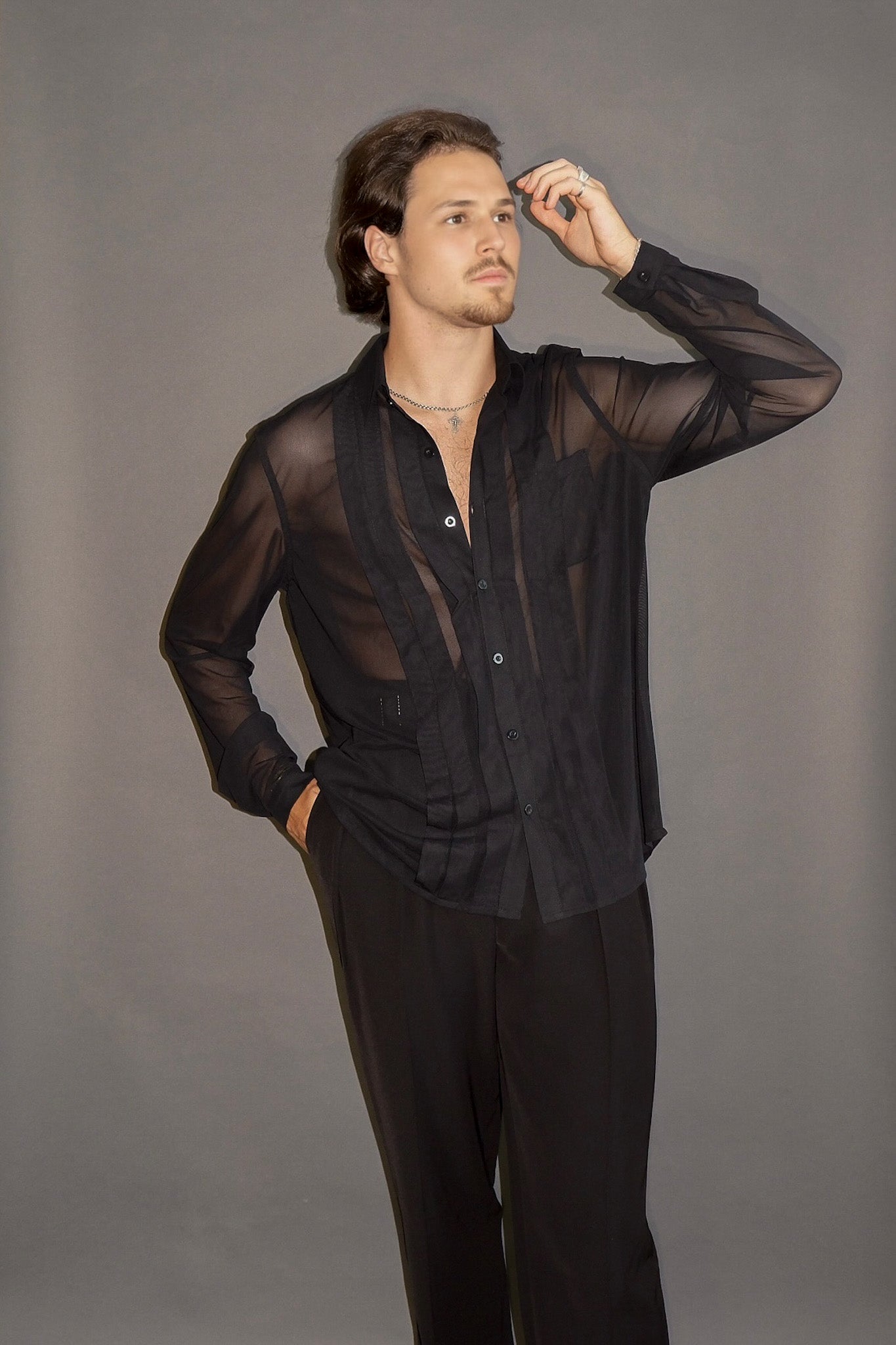 Net Pleated Collared Dress Shirt