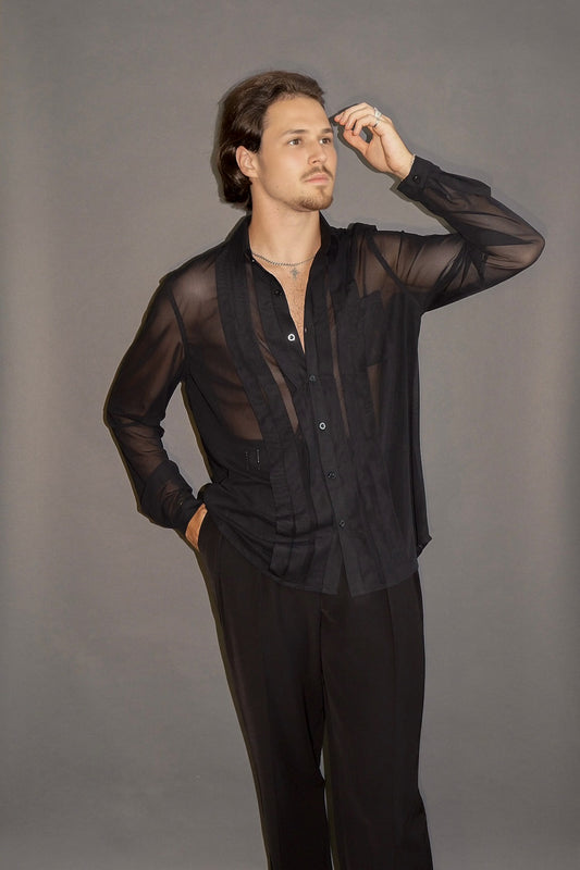 Net Pleated Collared Dress Shirt