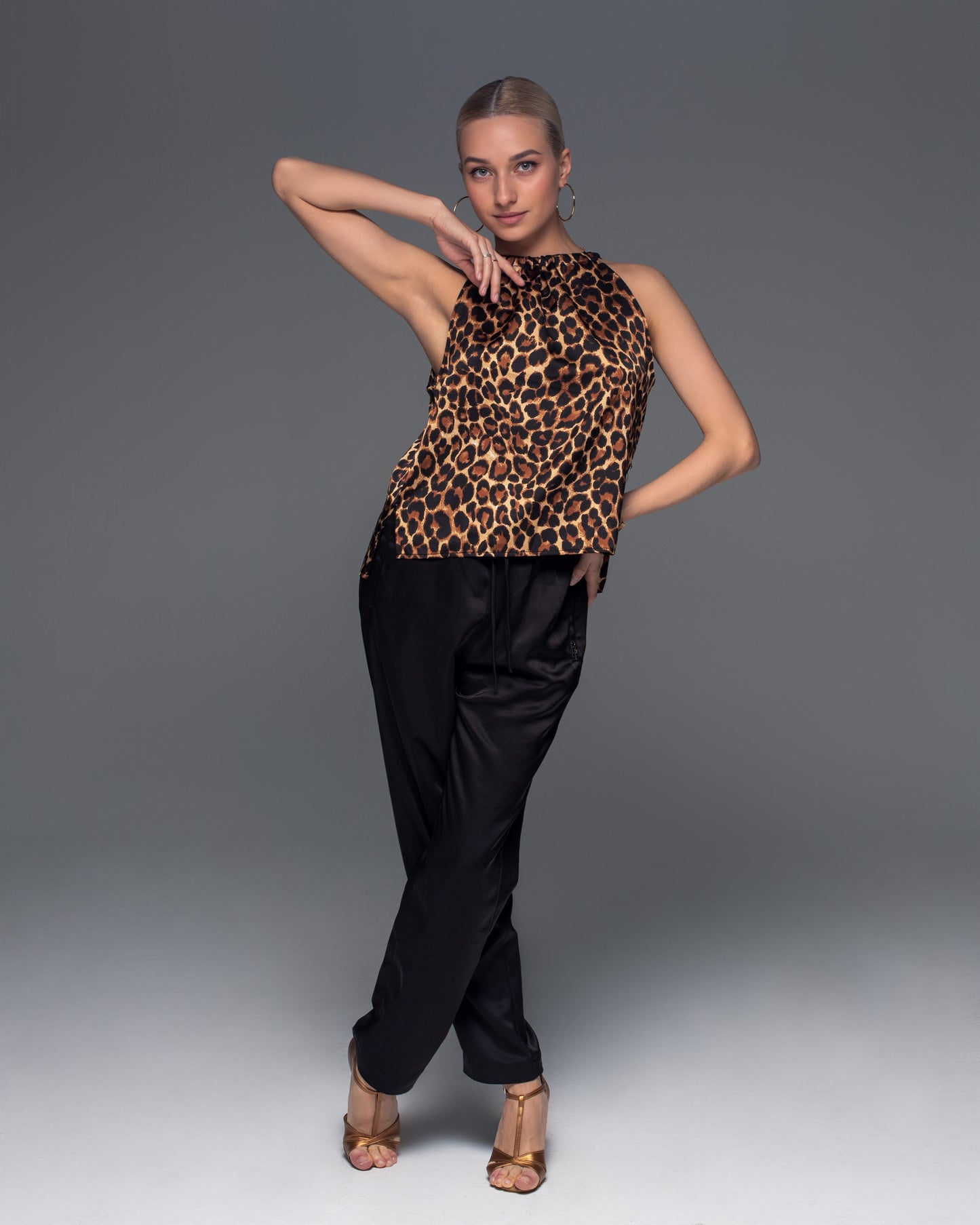 Leopard Satin Sleeveless Tie Shirt