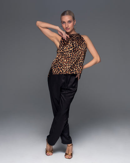 Leopard Satin Sleeveless Tie Shirt