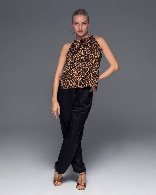 Leopard Satin Sleeveless Tie Shirt