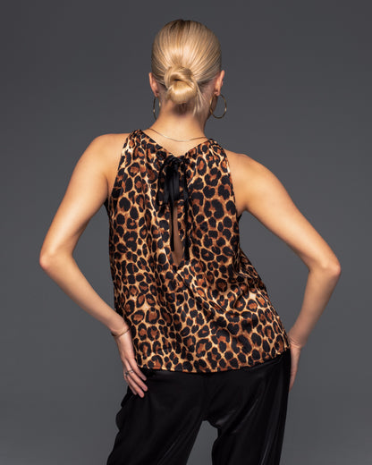 Leopard Satin Sleeveless Tie Shirt