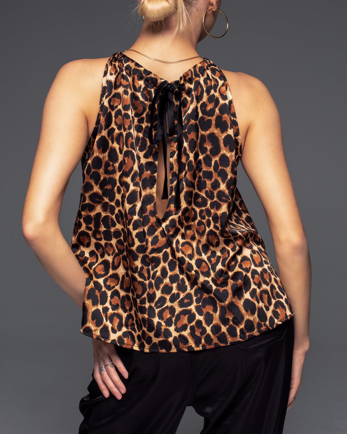 Leopard Satin Sleeveless Tie Shirt