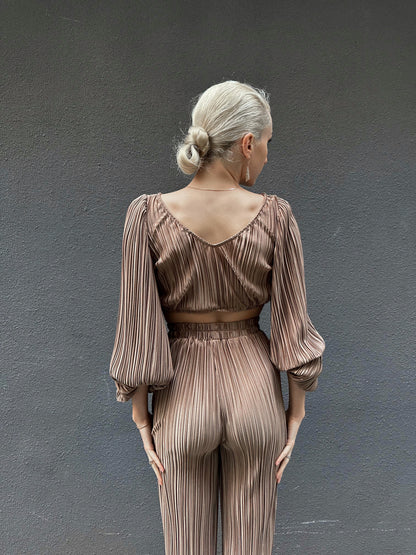 Beige Satin Pleated Pants