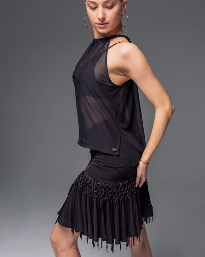 Drawstring Skirt with Knotted Fringe