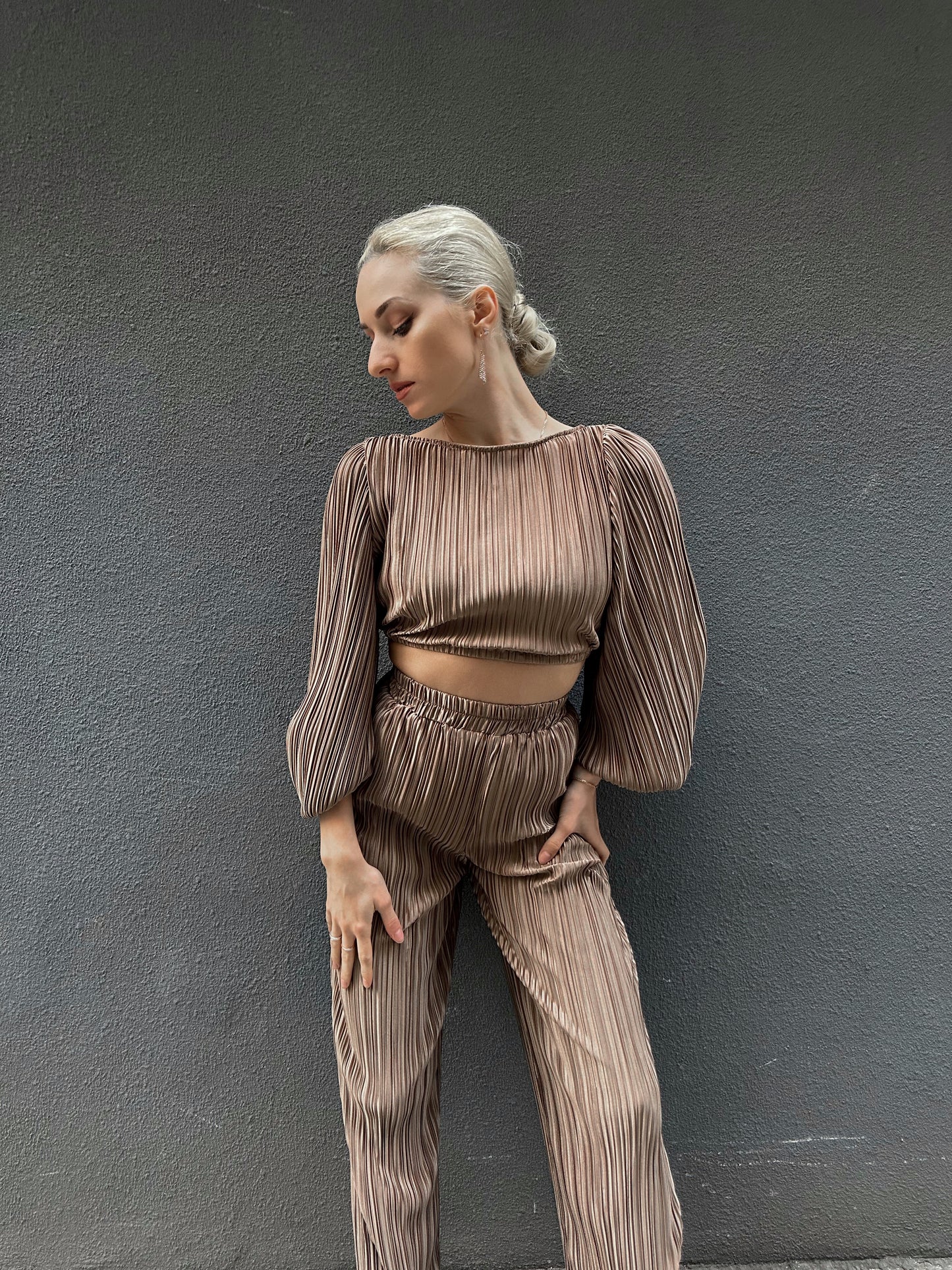 Beige Satin Pleated Crop Top