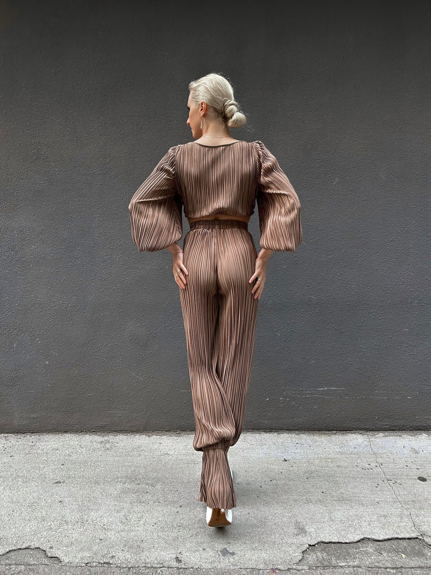 Beige Satin Pleated Pants