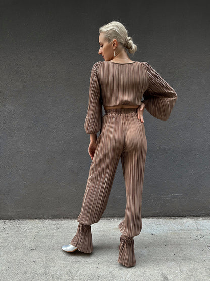 Beige Satin Pleated Pants