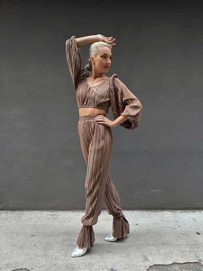 Beige Satin Pleated Crop Top