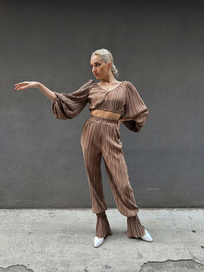 Beige Satin Pleated Crop Top