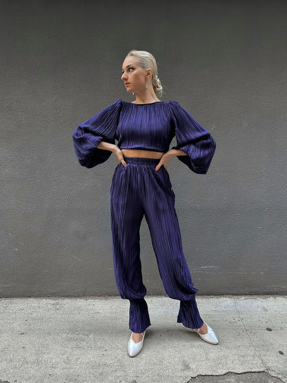 Navy Blue Satin Pleated Crop Top