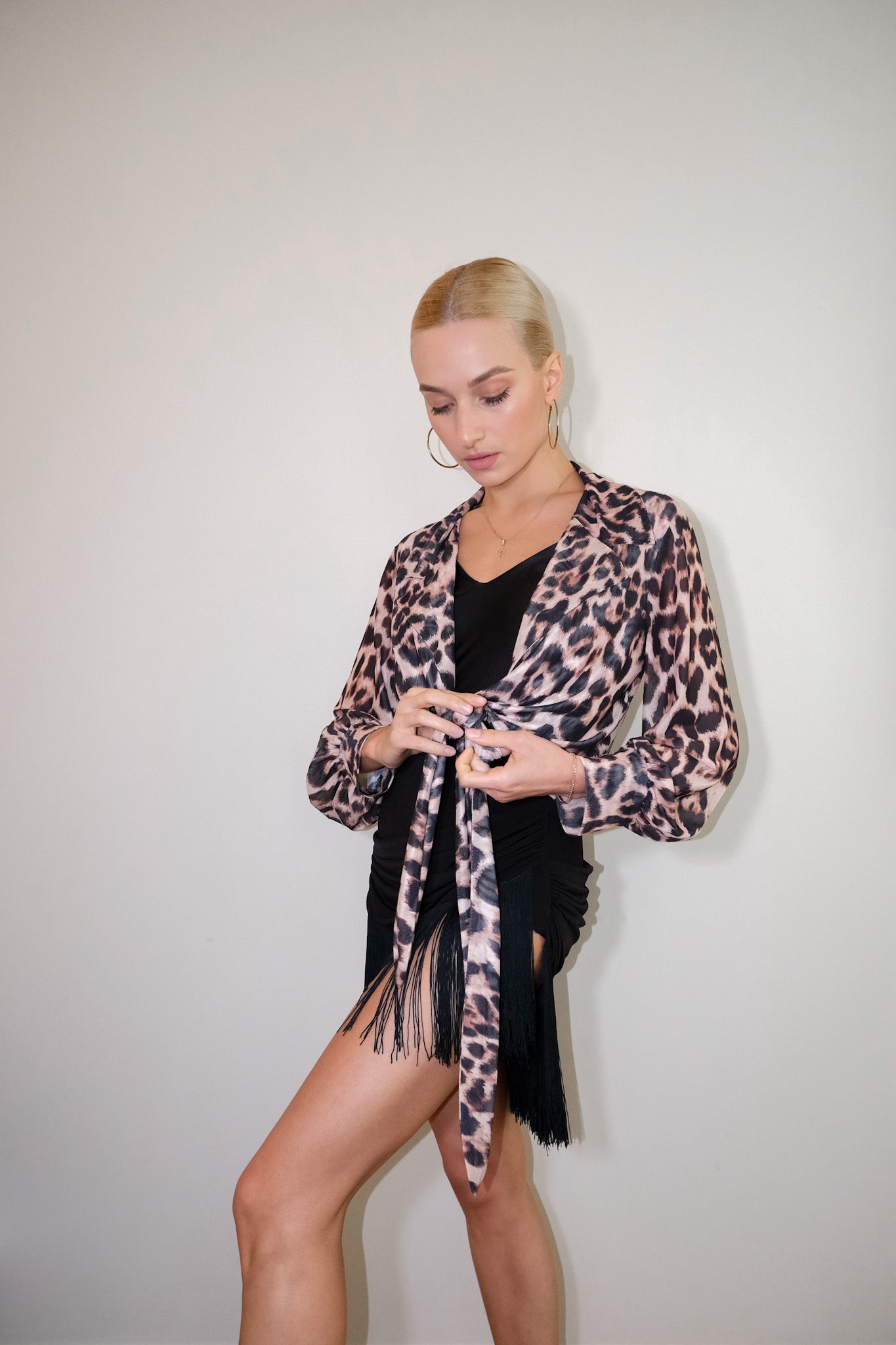 Leopard Net Crop Tie Shirt