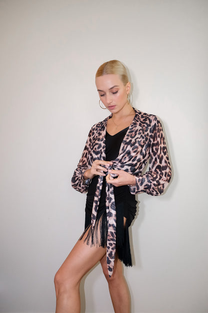 Leopard Net Crop Tie Shirt