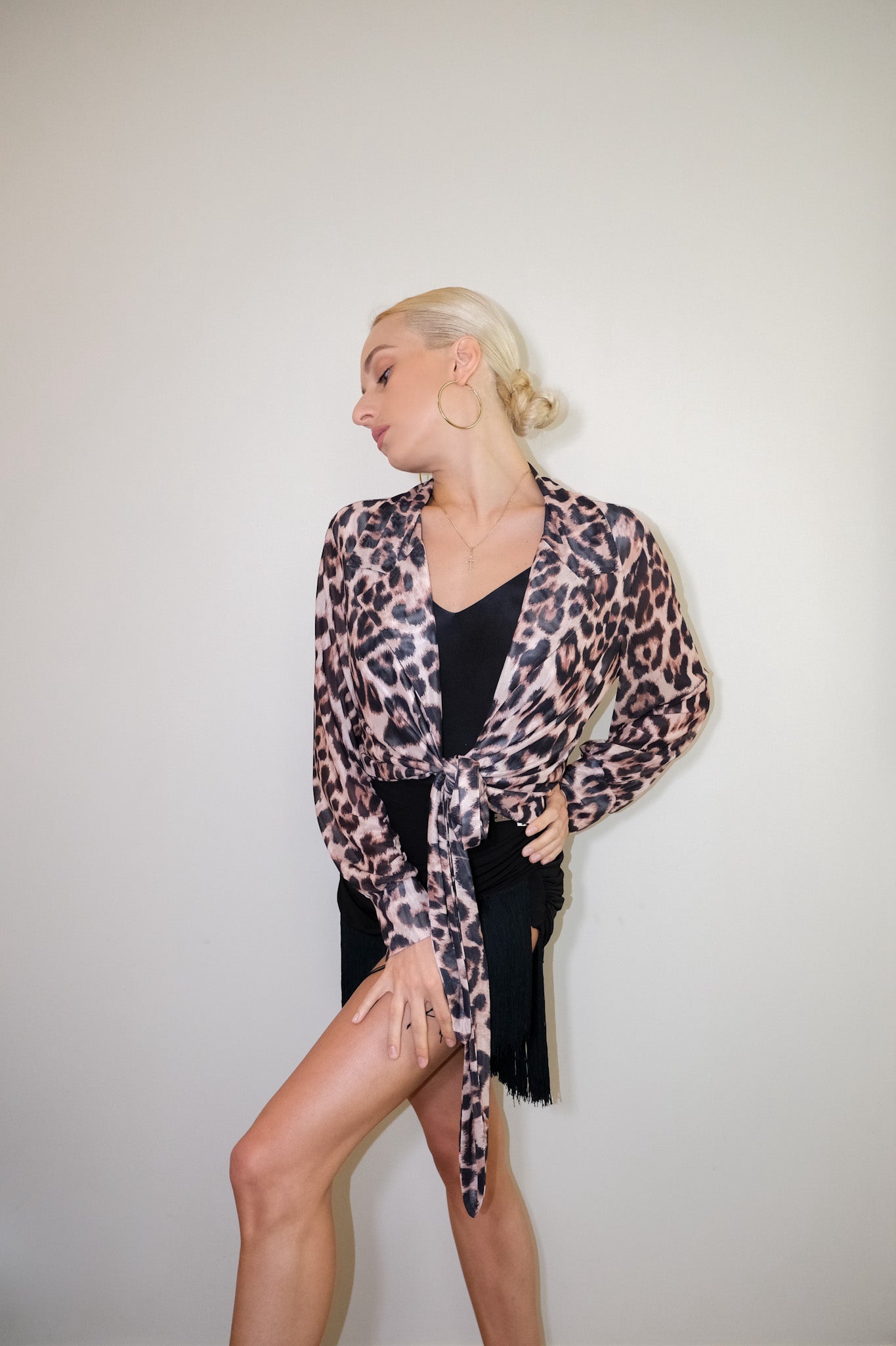 Leopard Net Crop Tie Shirt