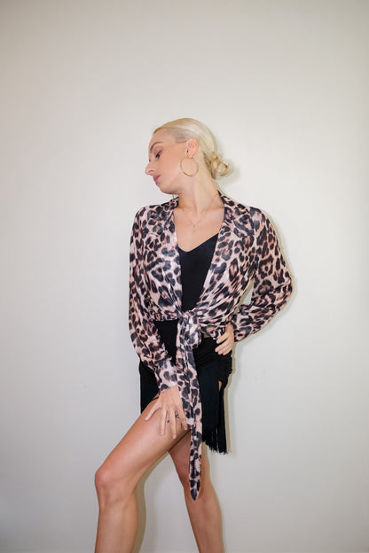 Leopard Net Crop Tie Shirt