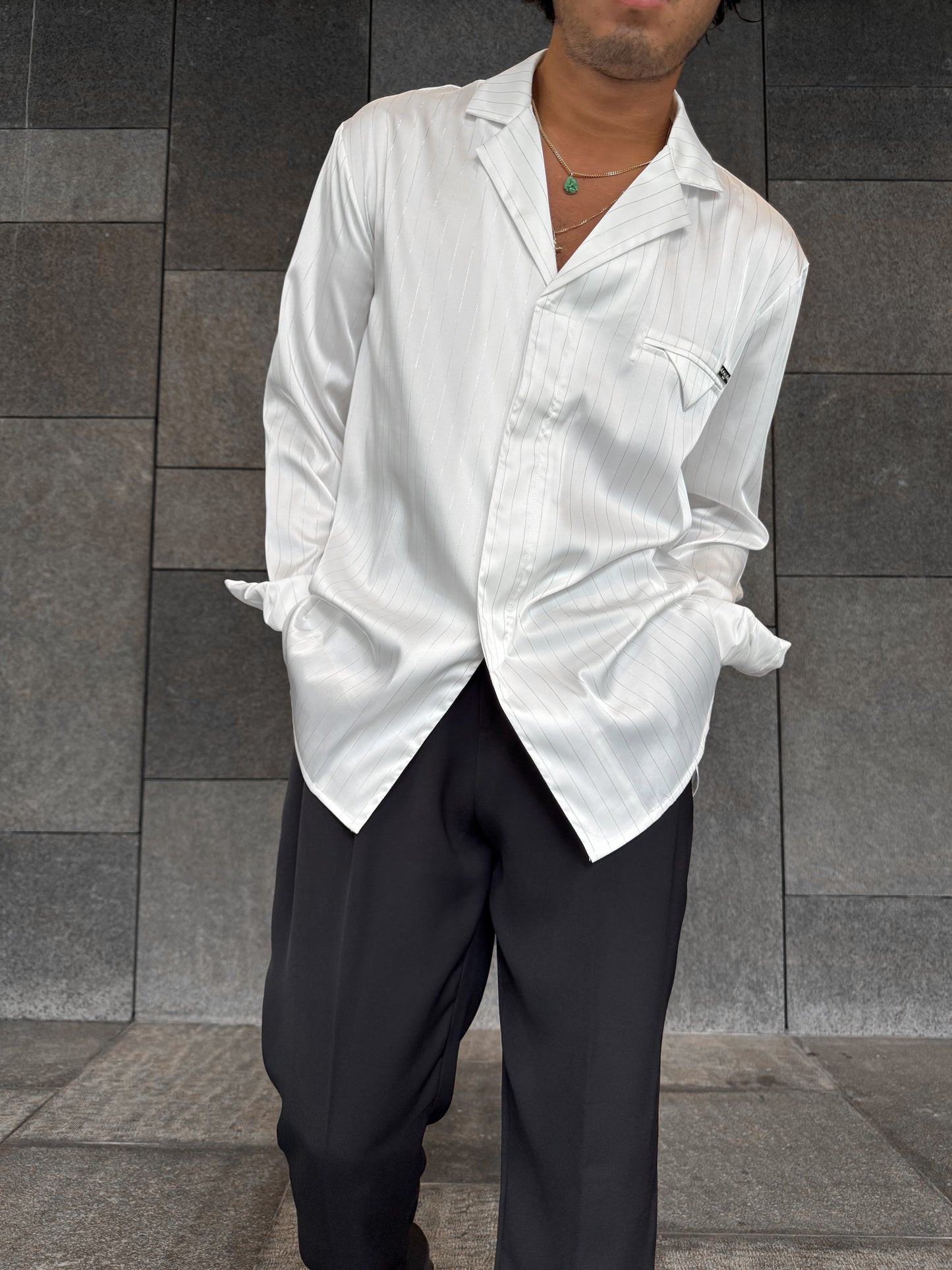 White Pinstripe Satin Shirt