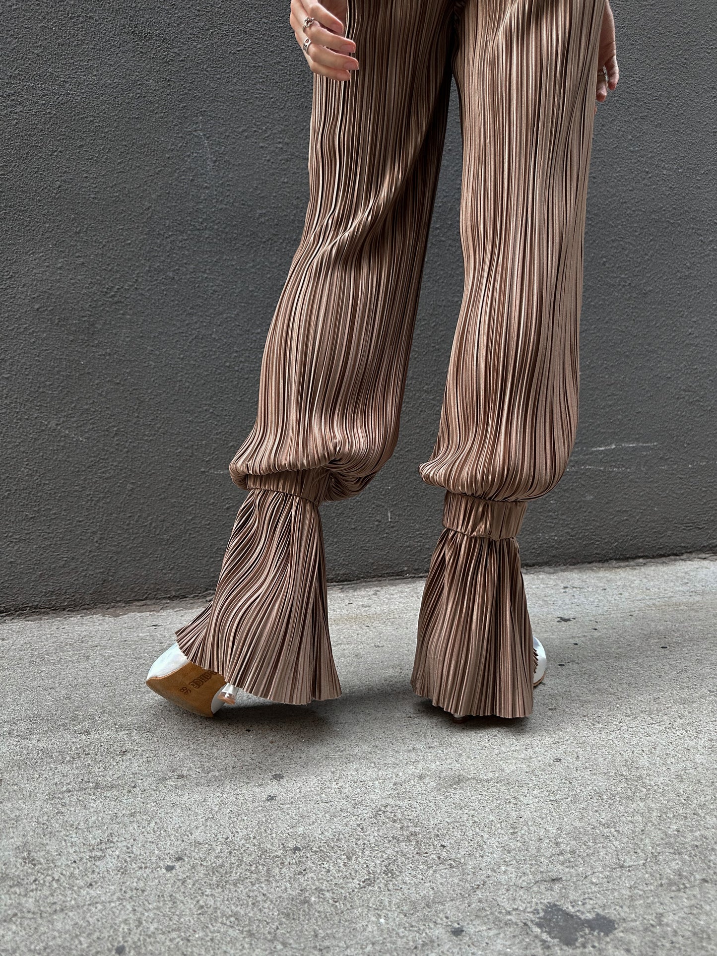 Beige Satin Pleated Pants