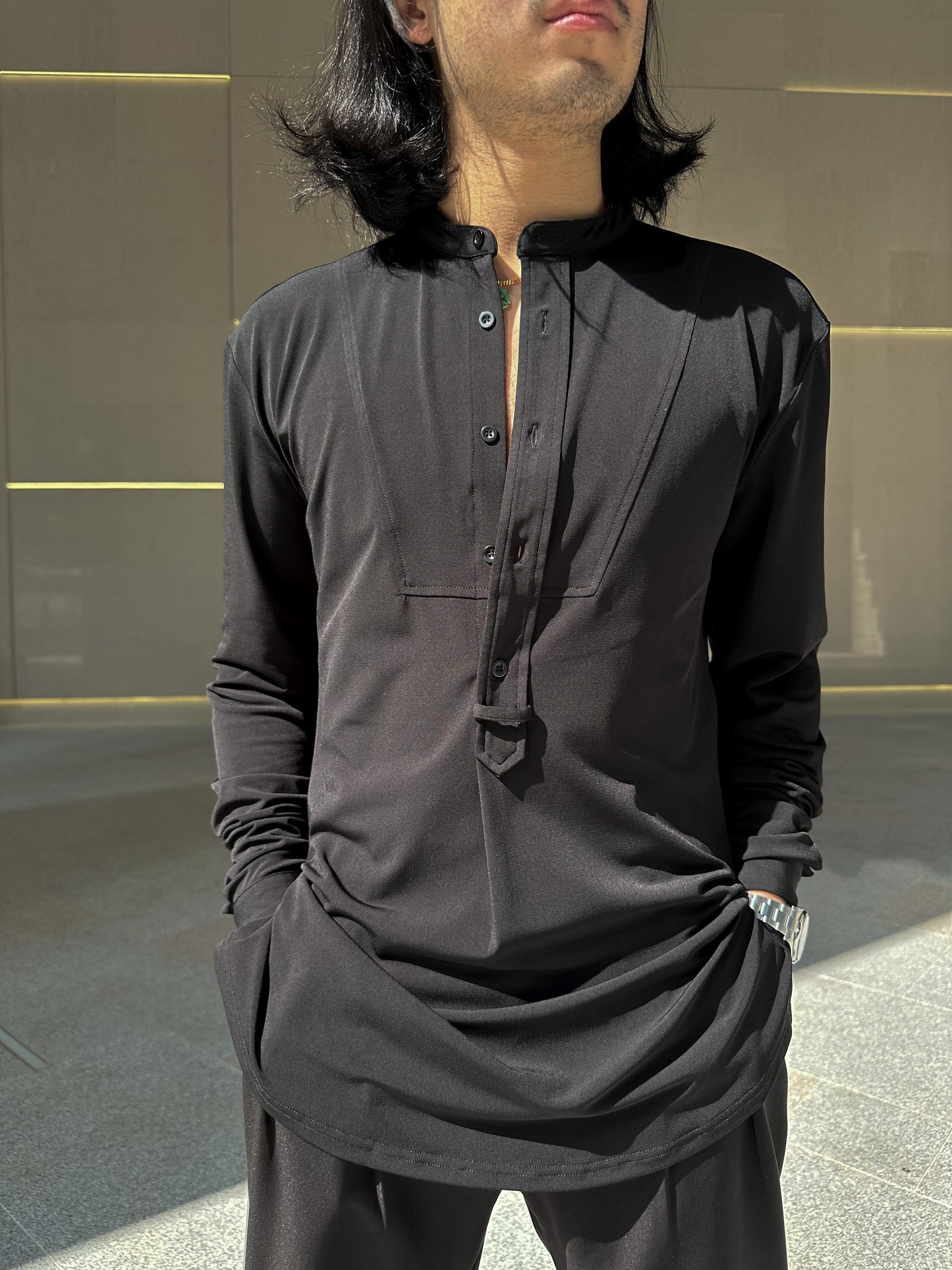 Collarless Bib Shirt